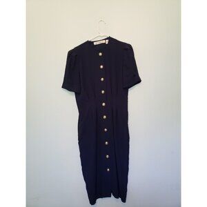 VTG Ms Chaus Womens Sz 12 Dress Button Front Navy Blue Fitted Waist 1970's